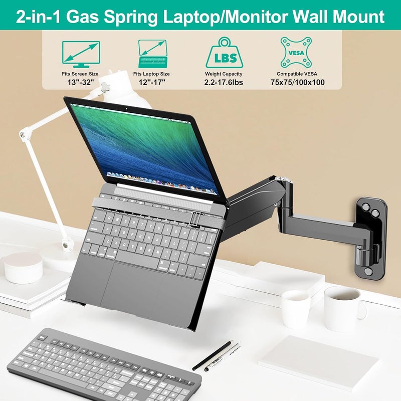 UPGRAVITY Laptop Wall Mount, 2-in-1 Gas Spring Wall Holder with Vented Tray for 12"-17" Notebook/13-32 Computer Screen, Full Motion Adjustable Wall Mount Laptop Stand Holds 3.3-17.6lbs - Image 3